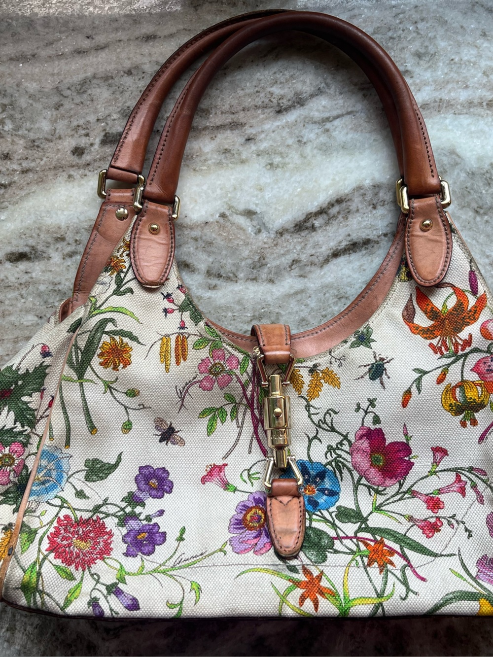 Gucci Flora 2 Handle Purse Canvas Leather Multi Color & Colorful Floral GoldRARE